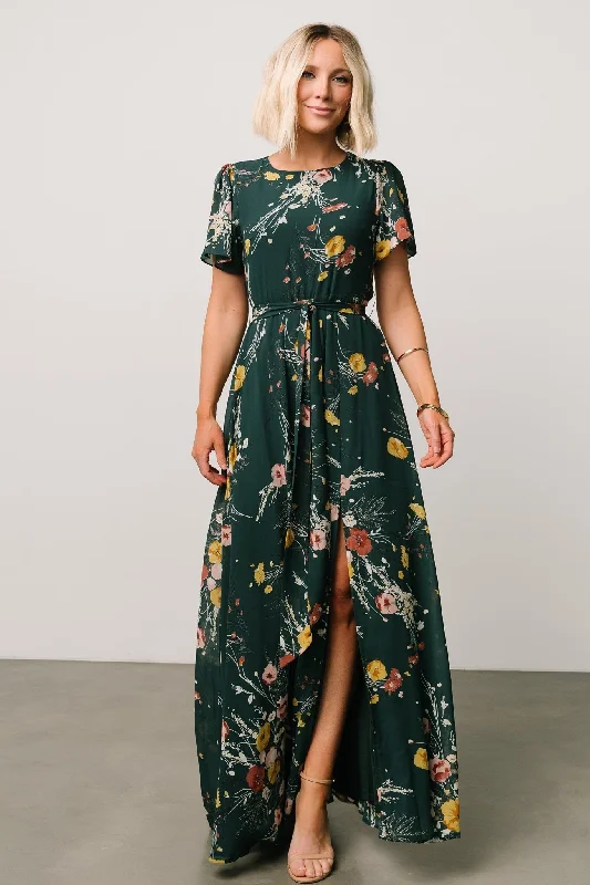 Naomi Short Sleeve Maxi Dress | Dark Green Floral Fashionable Sheer Maxi Dress