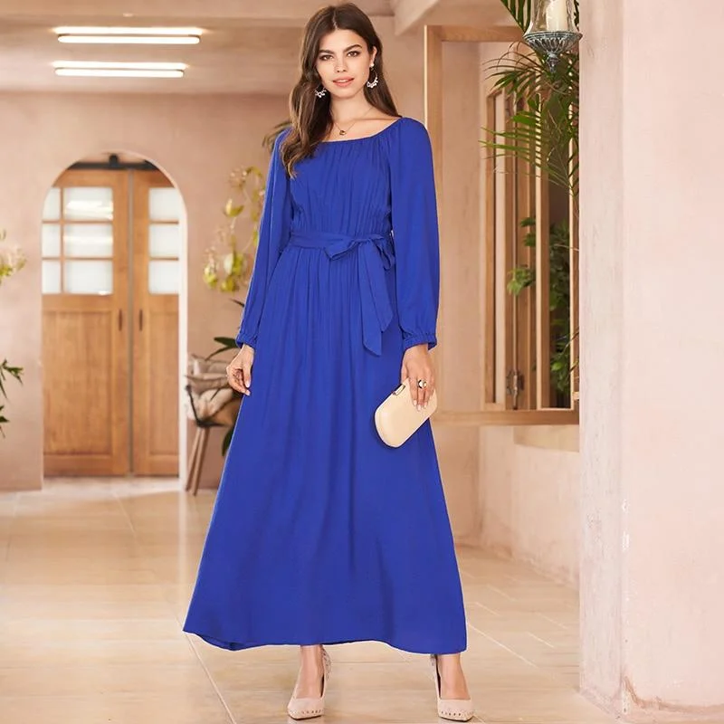 FashionSierra - New Autumn Women Casual Dress Elegant Blue Square Collar Maxi Dress Long Sleeve Belted Long Dresses Women Fashionable Sheer Maxi Dress