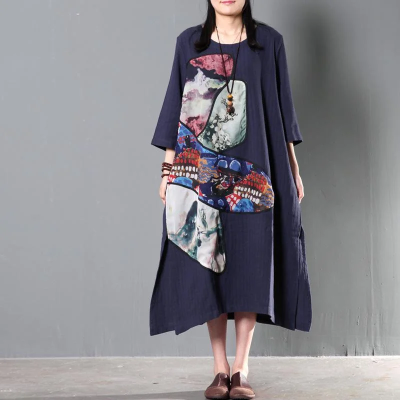 New Navy linen summer maxi dress long print patchwork long sundress caftan dress Fashionable Maxi Dress with Fringe