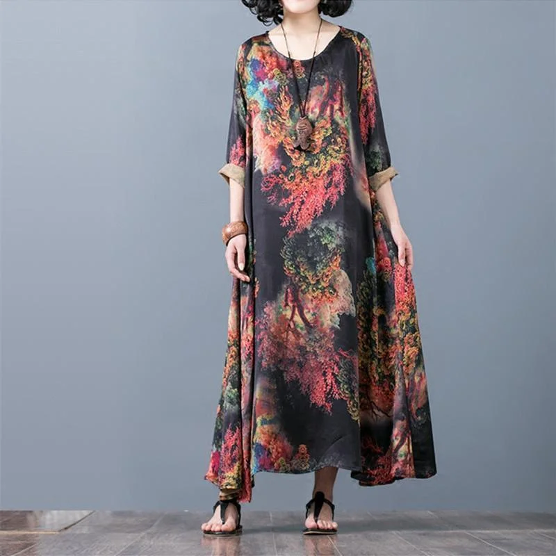 New red prints silk caftans casual asymmetric silk gown Fine o neck maxi dresses Elegant Sleeveless Maxi Dress