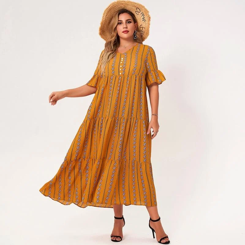 FashionSierra - Plus Size Yellow Geometry V-neck Half Flared Sleeves Button A-line Loose Bohemian Style Maxi Dresses Comfortable Ruffle Hem Maxi Dress