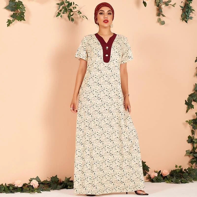 FashionSierra - New Summer Long Dress Women Apricot Floral Print Chiffon Vintage V-neck Short Sleeve Arab Robes Loose Party Maxi Dresses Comfortable Pleated Maxi Dress