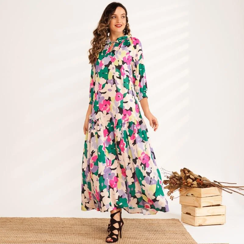 FashionSierra - New Summer Maxi Dress Women Multicolor Floral Printing 3/4 Sleeve Bow Tie Collar A-line Bohemian Elegant Holiday Style Robe Classic Strapless Maxi Dress