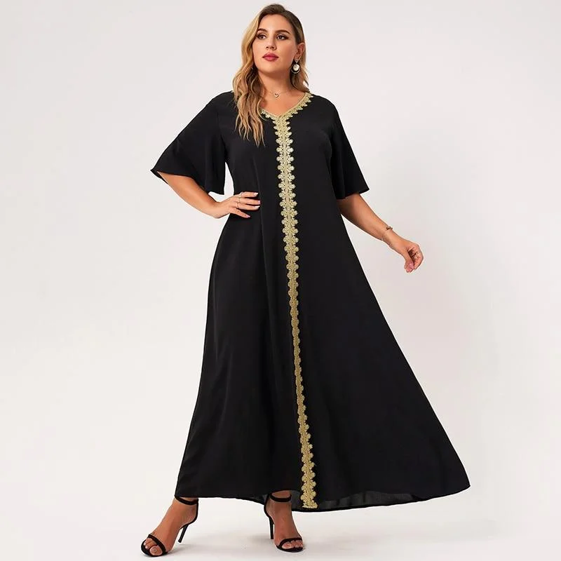 FashionSierra - Maxi Dress Women Plus Size Black Loose Embroidery Selvedge Hemmed V-neck Ruffle Half Sleeve Elegant Vintage Robe Trendy Satin Maxi Dress