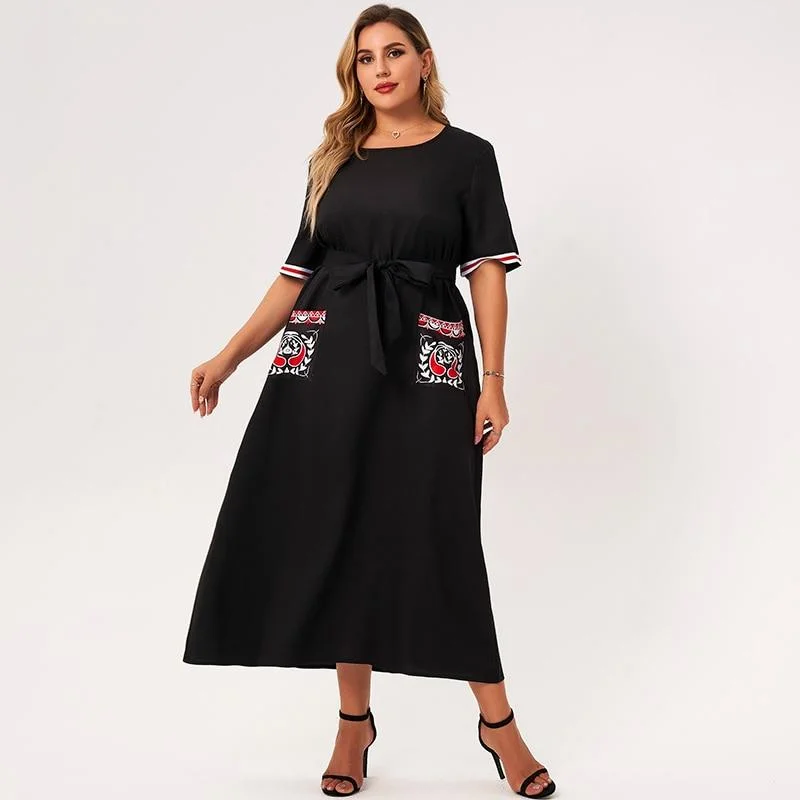 FashionSierra - Summer Maxi Dress Women Plus Size Black Loose Pockects Plant Hand-painted Print Striped Short Sleeve Large Party Robes Elegant Pleated Maxi Dress