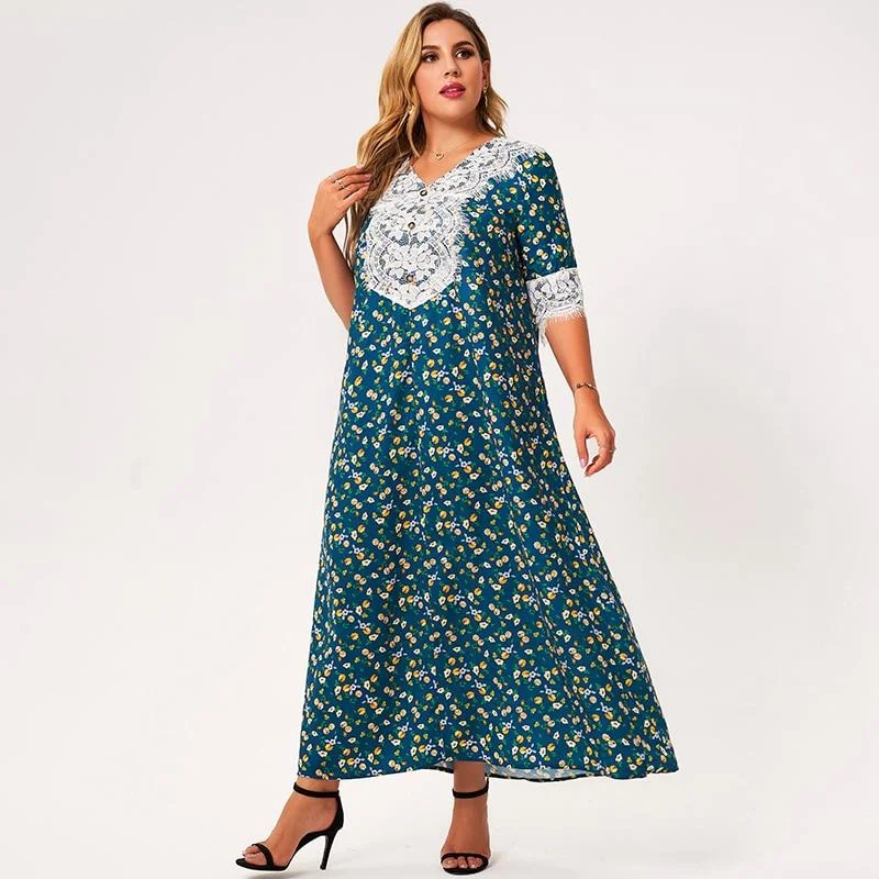 FashionSierra - Maxi Dress Women Plus Size Lake Blue Loose Floral Print Lace Tassel Half Sleeve Button Holiday Party Large Robes Cozy Wrap Maxi Dress