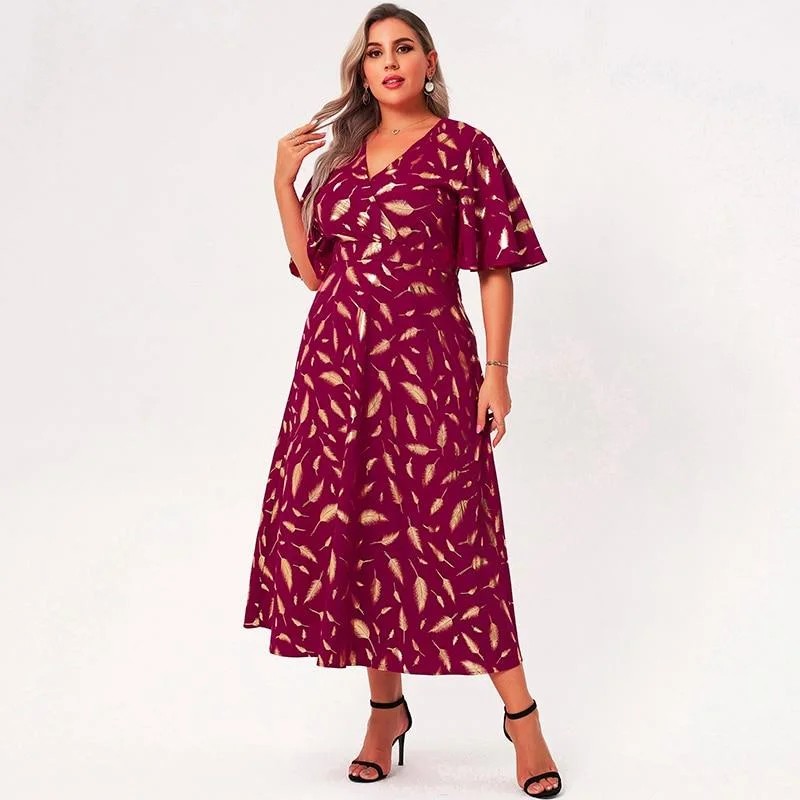 FashionSierra - Summer Maxi Dress Women Plus Size Red Loose Plant Floral Print Slim Ruffle Short Sleeve Large Holiday Style Party Robes Stylish A-Line Maxi Dress