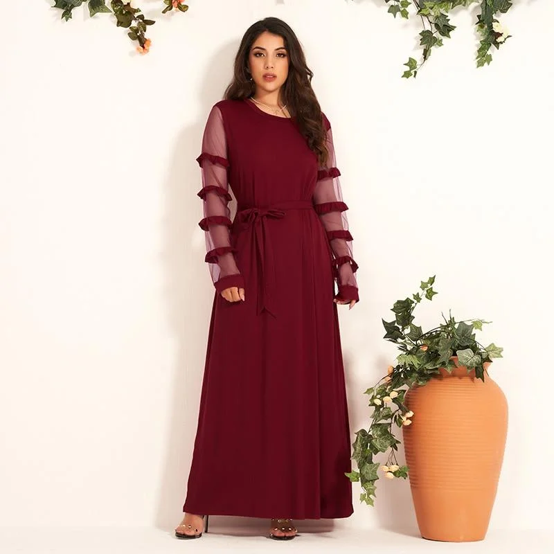 FashionSierra - New Summer Women Party Dress Elegant Burgundy Long Dress Sexy Mesh Ruffle Long Sleeve Belted Maxi Dresses Retro Vestido Elegant Maxi Dress with Belt