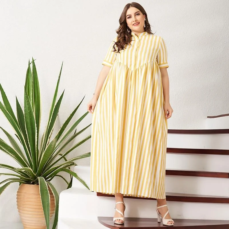 FashionSierra - New Summer Women Yellow Striped Long Dress Button Short-Sleeve Maxi Dress Plus Size Dress Casual Loose Fat Large Dresses Comfortable Maxi Dress with Slits