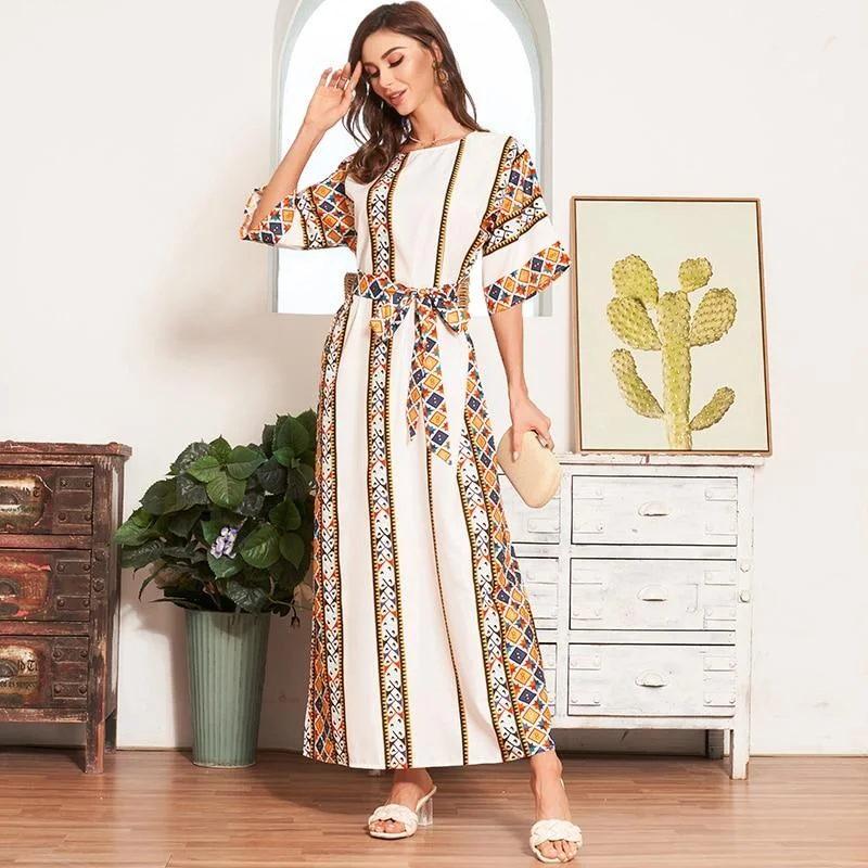 FashionSierra - New Women Summer Boho Long Dress White Fashion Tribal Print Batwing Half Sleeve Belted Kaftan Holiday Style Maxi Dresses Elegant Maxi Dress with Lace