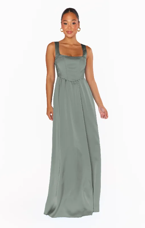 Nina Maxi Dress ~ Deep Sage Luxe Satin Cozy Maxi Dress with Slit