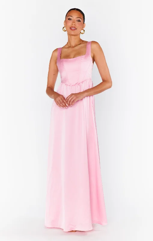 Nina Maxi Dress ~ Light Pink Luxe Satin Cozy Cold-Shoulder Maxi Dress