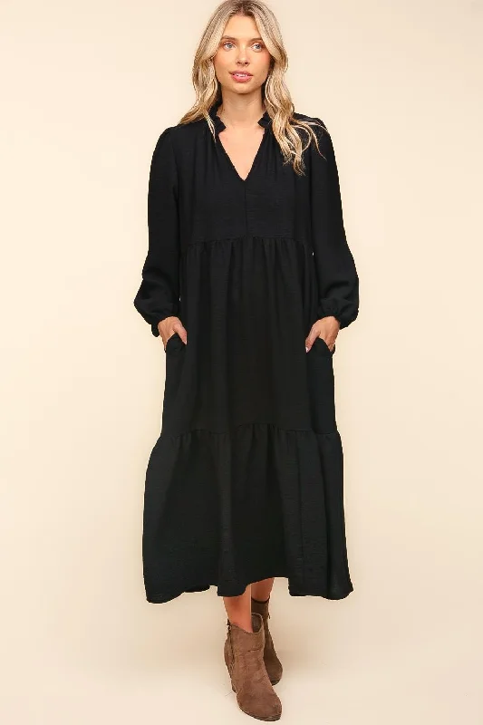 Notch Neck Babydoll Long Sleeve Maxi Dress - Black Comfortable Ruffle Maxi Dress