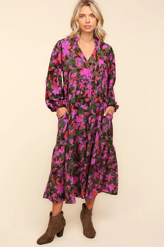 Notch Neck Babydoll Long Sleeve Maxi Dress - Forest/Lavender Floral Fashionable High-Low Maxi Dress