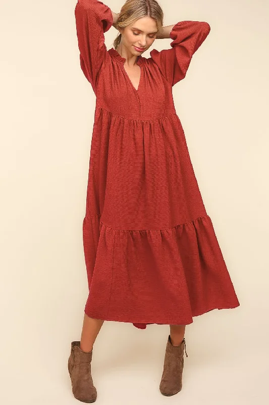 Notch Neck Babydoll Long Sleeve Maxi Dress - Spice Elegant Tiered Maxi Dress