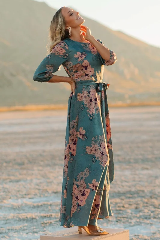 Paula Satin Maxi Dress | Blue + Pink Multi Trendy Short Sleeve Maxi Dress