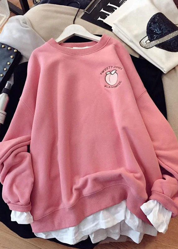 Plus Size Pink O-Neck Print Patchwork Fleece Sweatshirt Winter Hoodie with Monochrome Minimalist Simple