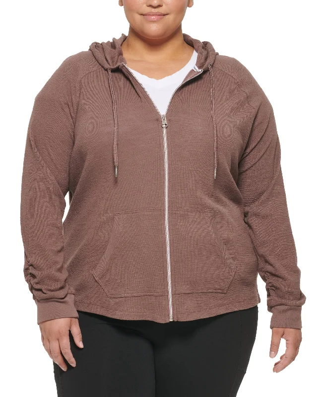 Plus Size Ruched-Sleeve Zip Hoodie Hoodie with Zipper Versatile Modern