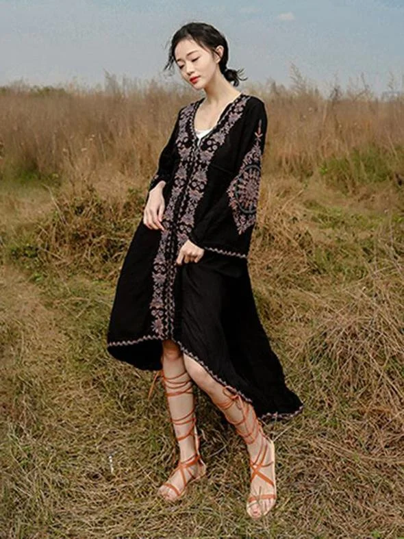 Ramie Cotton Embroidered Flared Sleeves V-neck Maxi Dress Elegant Lace Maxi Dress