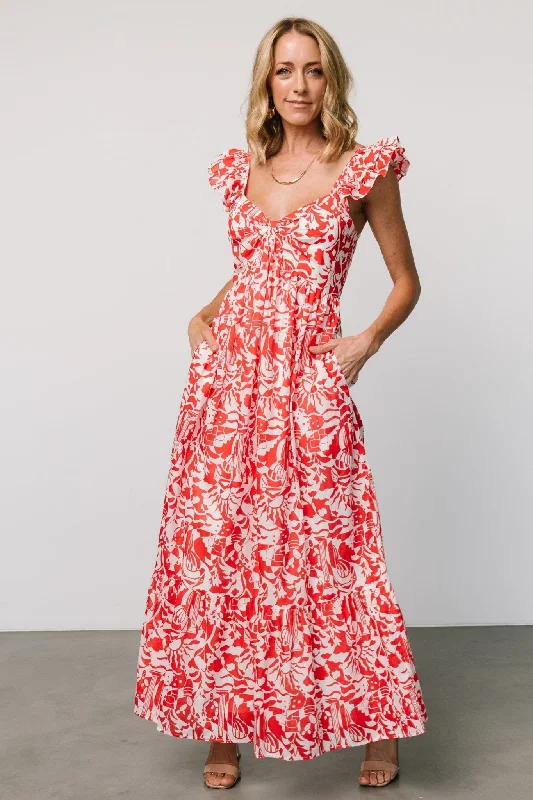 Renee Maxi Dress | White + Red Elegant Maxi Dress with Lace