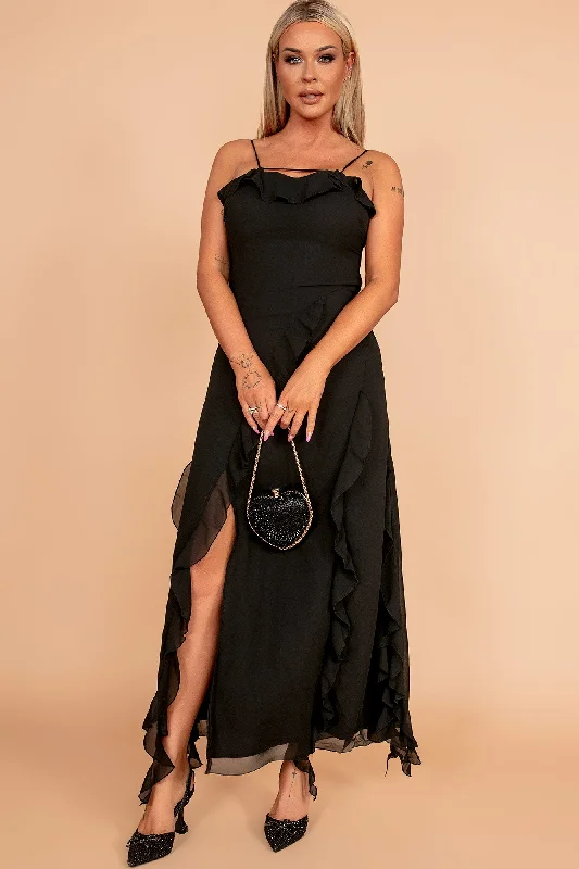 Rochel Black Chiffon Frill Maxi Dress Classic Tulle Maxi Dress