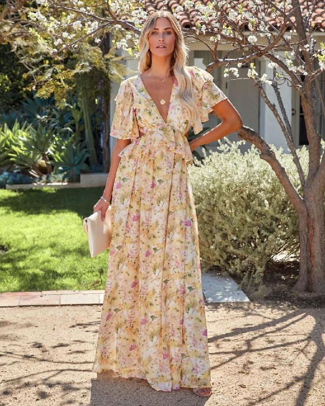 KittenAlarm - Sanae Floral Ruffle Cutout Maxi Dress - Pale Yellow Trendy Maxi Dress with Bow