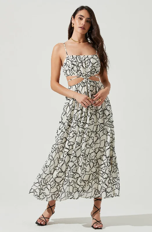 Sanger Abstract Print Cutout Maxi Dress Comfortable Pleated Maxi Dress