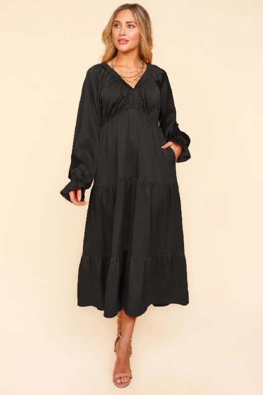 Satin Babydoll Maxi Dress - Black Chic Button-Up Maxi Dress