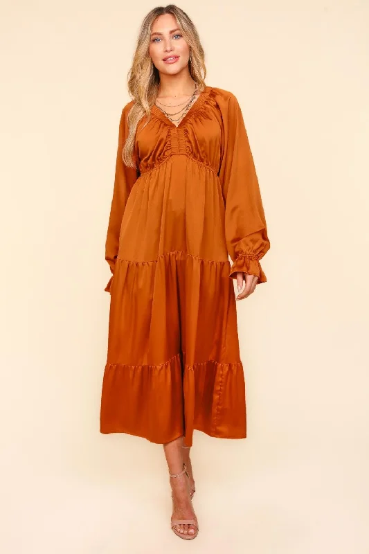 Satin Babydoll Maxi Dress - Rust Trendy Short Sleeve Maxi Dress