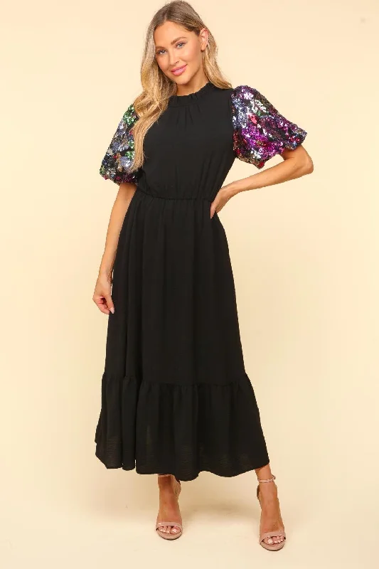 Sequin Puff Sleeve Maxi Dress - Black Trendy Maxi Dress with Belt