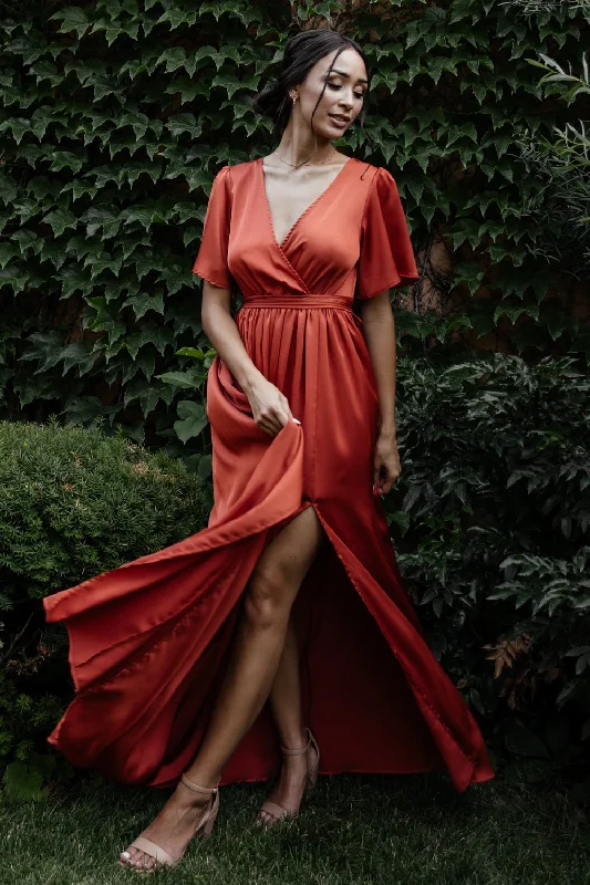 Sicily Satin Maxi Dress | Rust Comfortable Plunging Neckline Maxi Dress