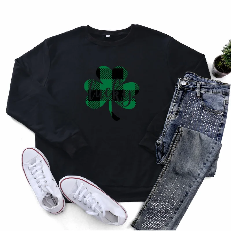 St.Patrick'S Day Fashion Women'S Long Sleeve Check Four Leaf Printed Round Neck Sweatshirt Hoodie with Oversized Fit Loose Comfortable