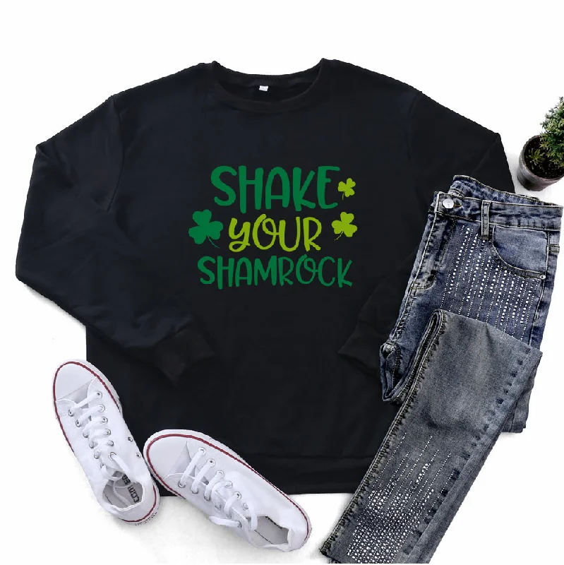 St.Patrick'S Day Fashion Women'S Long Sleeve Letter Print Round Neck Sweatshirt Hoodie with Distressed Vintage Worn