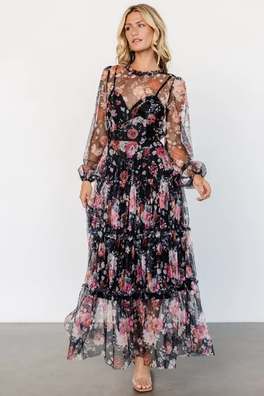 Stephanie Tiered Maxi Dress | Black Floral Comfortable Satin Maxi Dress