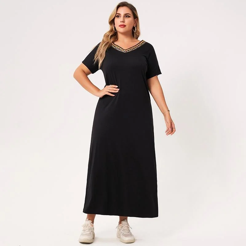 FashionSierra - Summer Long Dress Plus Size Women Black Solid Color Webbing V-neck Short-sleeved Loose Casual Party Large Maxi Dresses Comfortable Pleated Maxi Dress