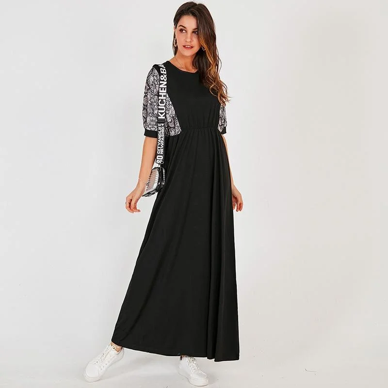 FashionSierra - Summer New Women Long Dress Black Casual Fashion Snake Print Stitching Elastic Waist O-neck Half Sleeve Maxi Dresses Robe Trendy Off-Shoulder Ruffle Maxi Dress