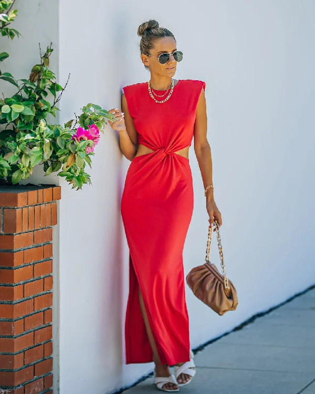 Sweet Escape Cutout Twist Knit Maxi Dress - Red Stylish Pleated A-Line Maxi Dress