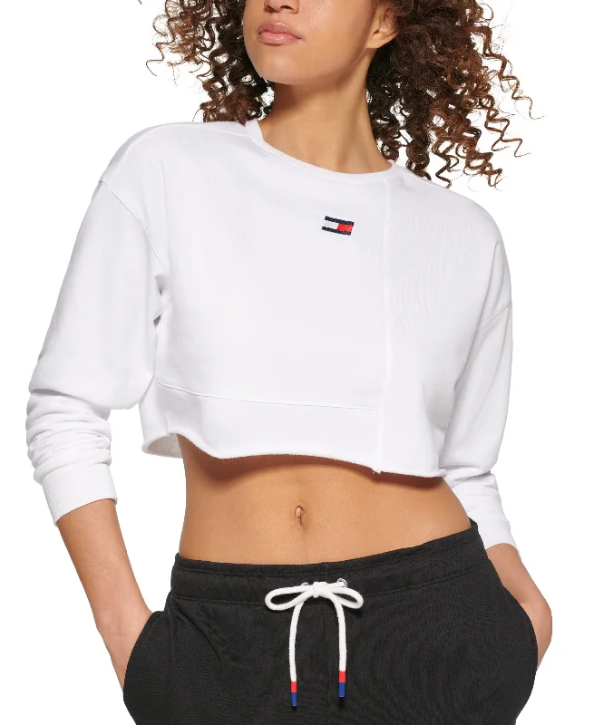 Tommy Hilfiger Sport Womens Cropped Sweatshirt Hoodie with Hem Lace Feminine Delicate