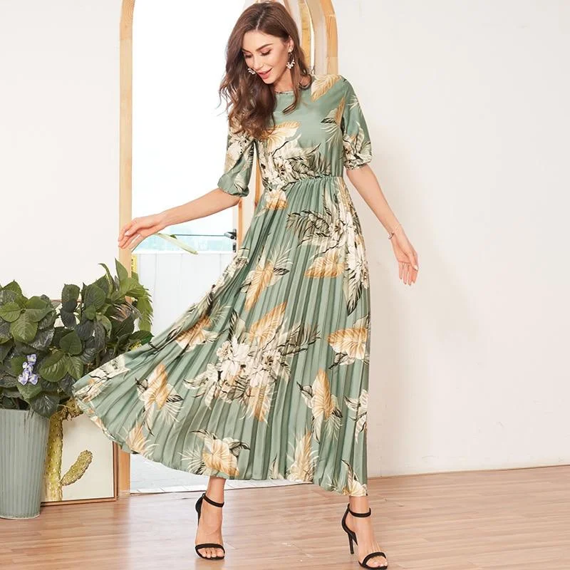 FashionSierra - Tropical Pleated Dress Women Summer Lantern Sleeve Floral Print Satin Dress A-line Holiday Dresses Ladies Maxi Dress Elegant Floral Maxi Dress