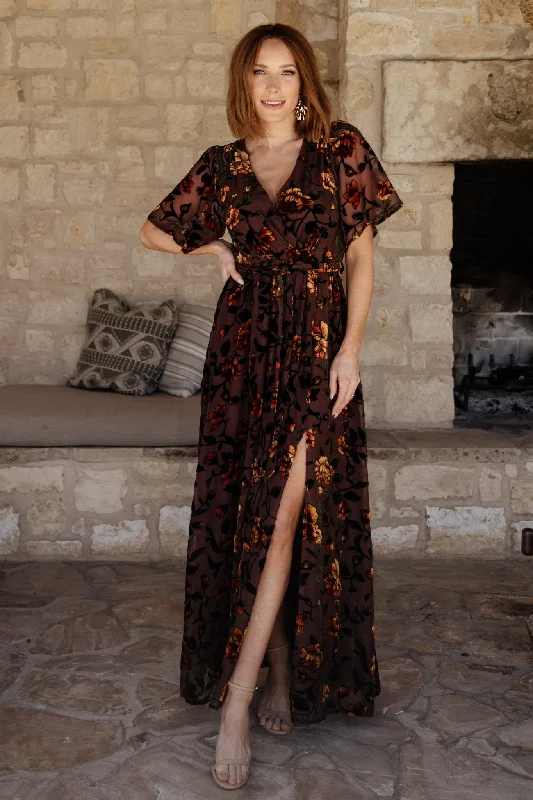 Uma Velvet Maxi Dress | Clove + Amber Floral Elegant Boho Maxi Dress