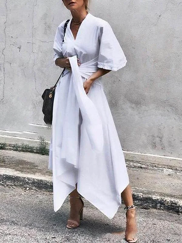 V-Neck Short Sleeve Irregular Maxi Dress Casual Maxi Dress with Pockets