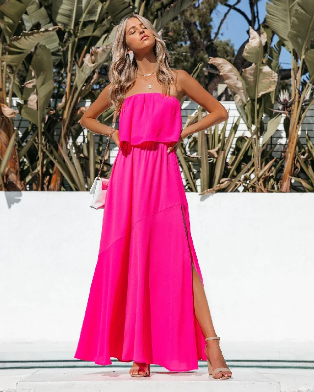 Vivid Strapless Slit Maxi Dress - Hot Pink Stylish Off-Shoulder Maxi Dress