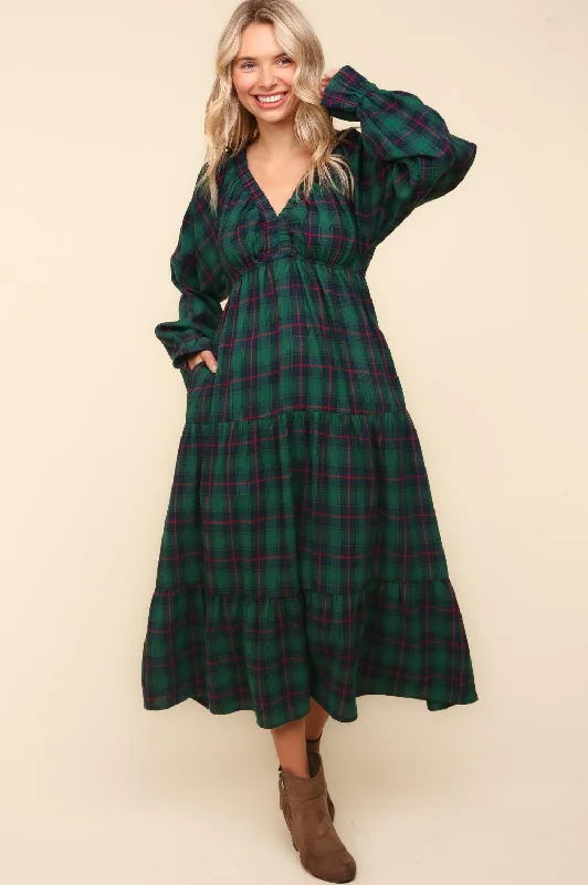 Winter Plaid Long Sleeve Maxi Dress - Hunter Green Cozy Wrap Maxi Dress