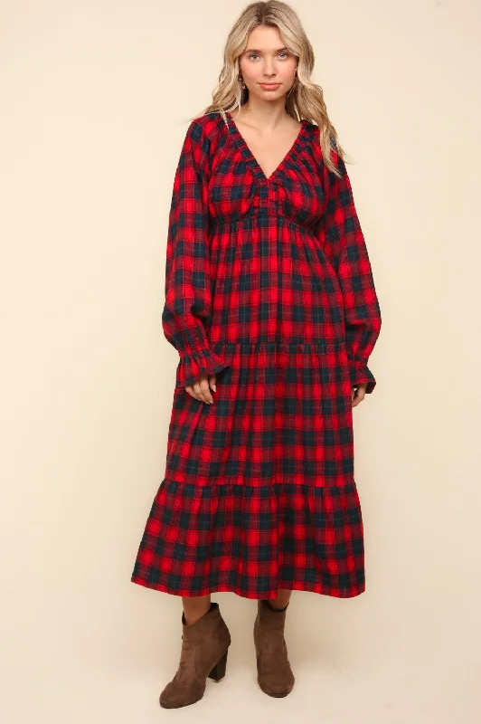 Winter Plaid Long Sleeve Maxi Dress - Red Comfortable Plunging Neckline Maxi Dress