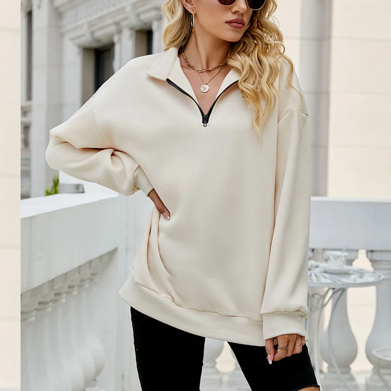 Women Autumn Winter Casual Half-Zipper Pullovers Long Sleeve Sweatshirts Hoodie with Distressed Vintage Worn