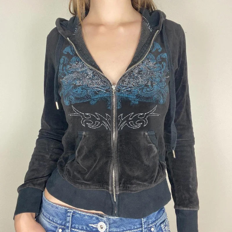 Women Autumn Winter Casual Printed Rhinestone Zipper Velvet Hoodie Hoodie with Oversized Fit Loose Comfortable