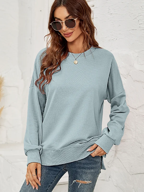 Women Autumn Winter Round Neck Long Sleeve Solid Basic Sweatshirt Hoodie with Hem Ribbing Snug Secure