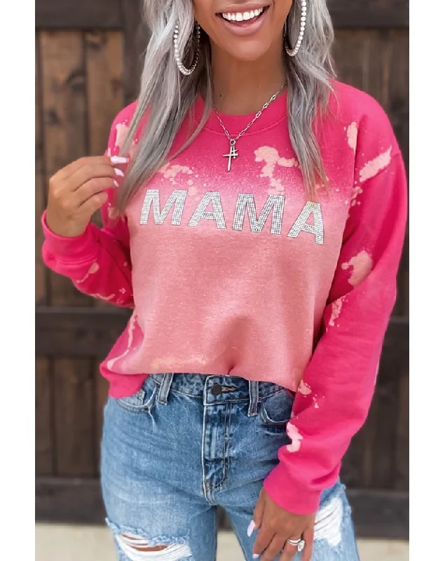 Women Autumn Winter Vintage Casual Gradient Pink Mama Letter Print Sweatshirt Hoodie with Frayed Bohemian Relaxed