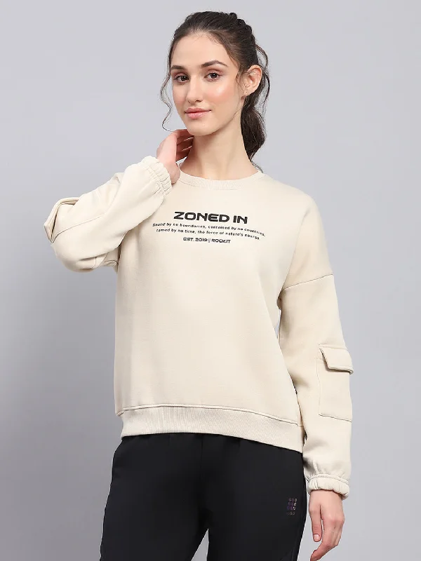 Women Beige Printed Round Neck Full Sleeve Sweatshirt Hoodie with Tied Waist Feminine Flattering