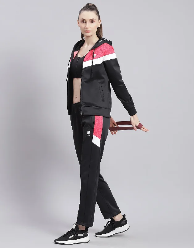 Women Black Solid Hooded Full Sleeve Tracksuit Hoodie with Mock Neck Collared Structured